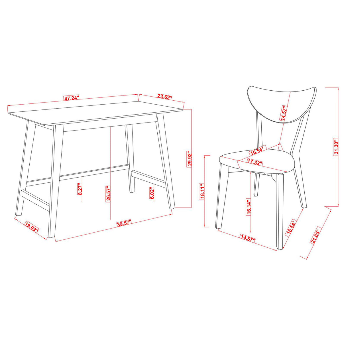 2 Piece Writing Desk Set With Chair - Brown