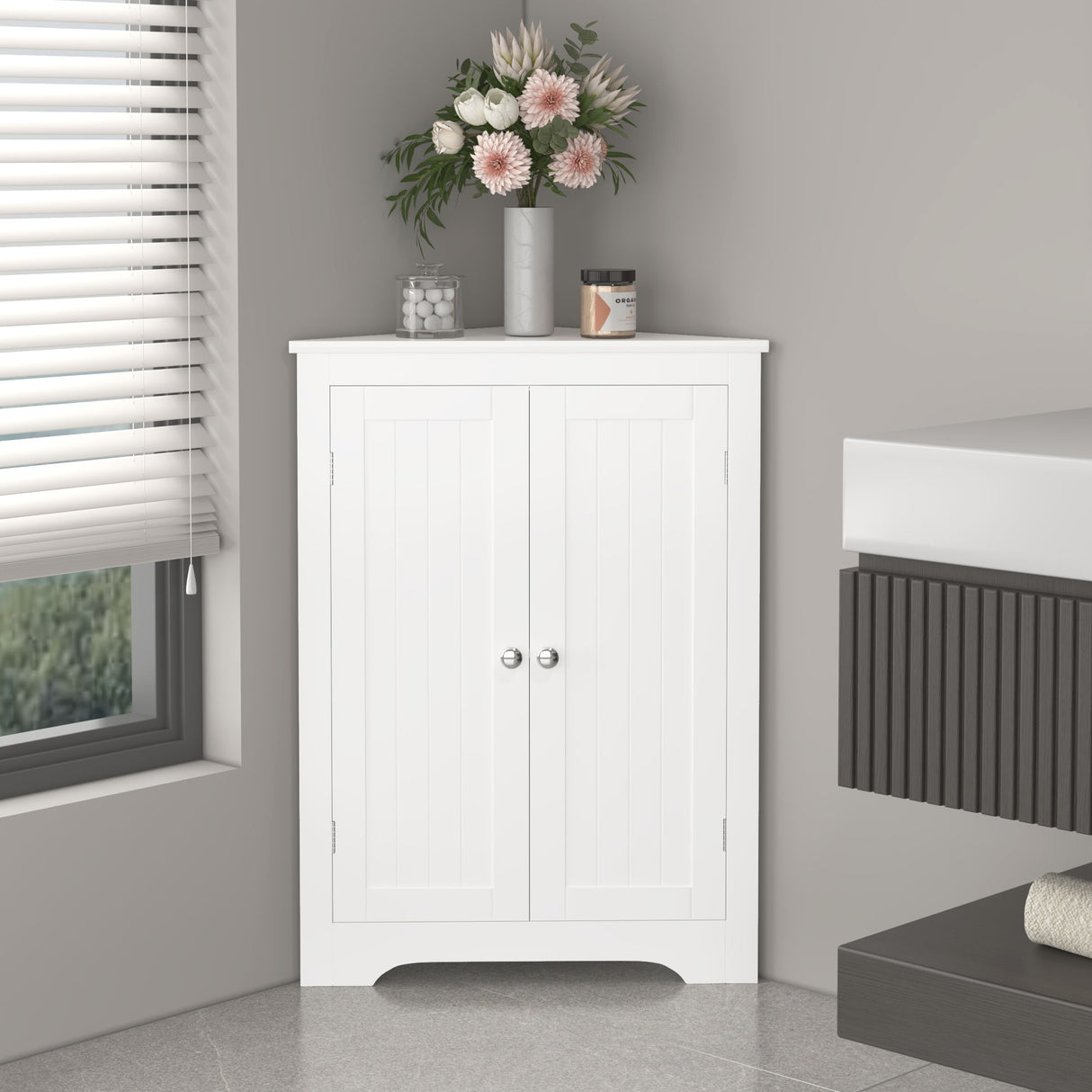 Corner Cabinet With 2 Doors And Adjustable Shelves, Freestanding Narrow Storage Organizer For Bathroom - White