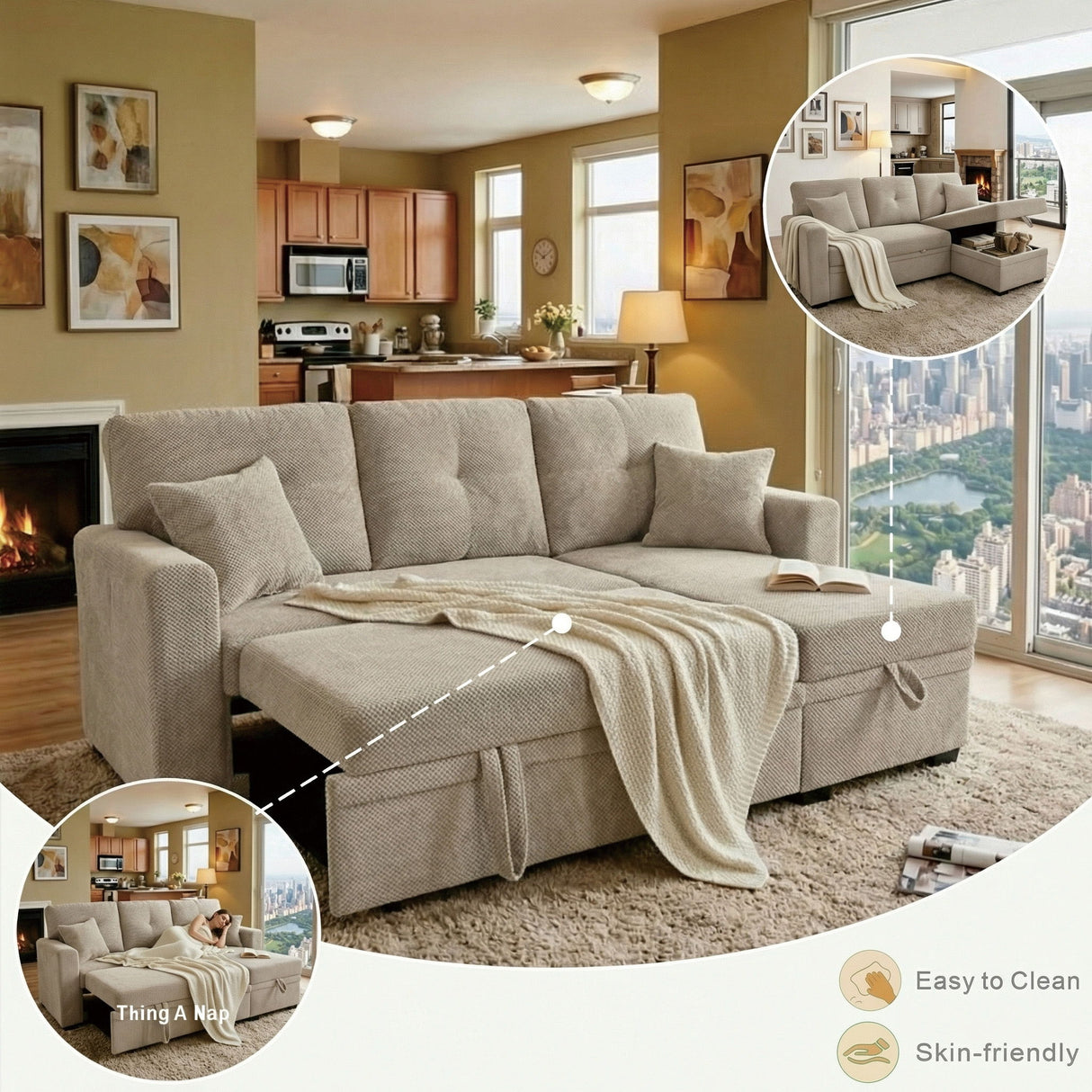 Sleeper Sectional With Pull Out Bed, Reversible Chaise