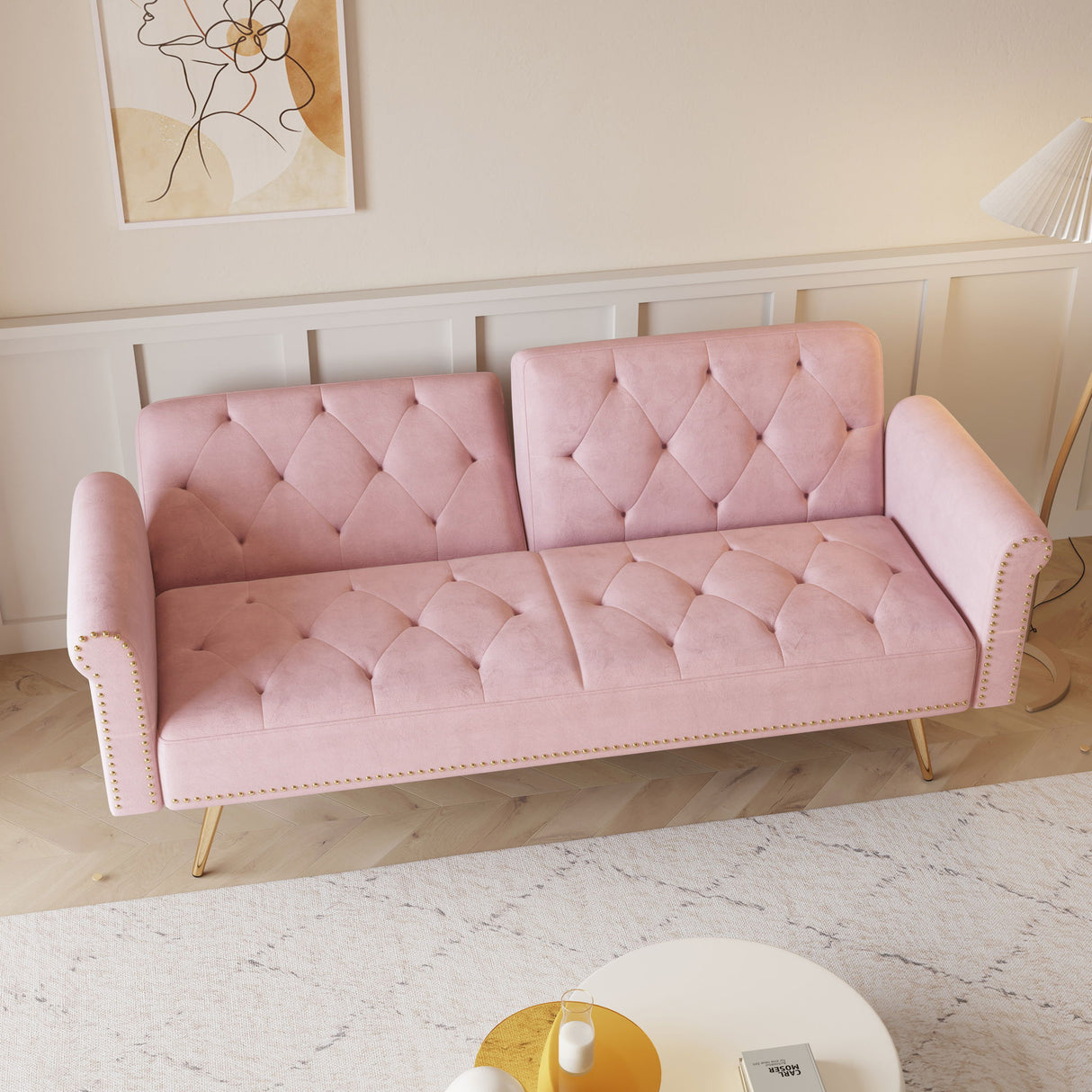 Luxurious Sofa Bed With Nail Head Trim And Matching Pillow