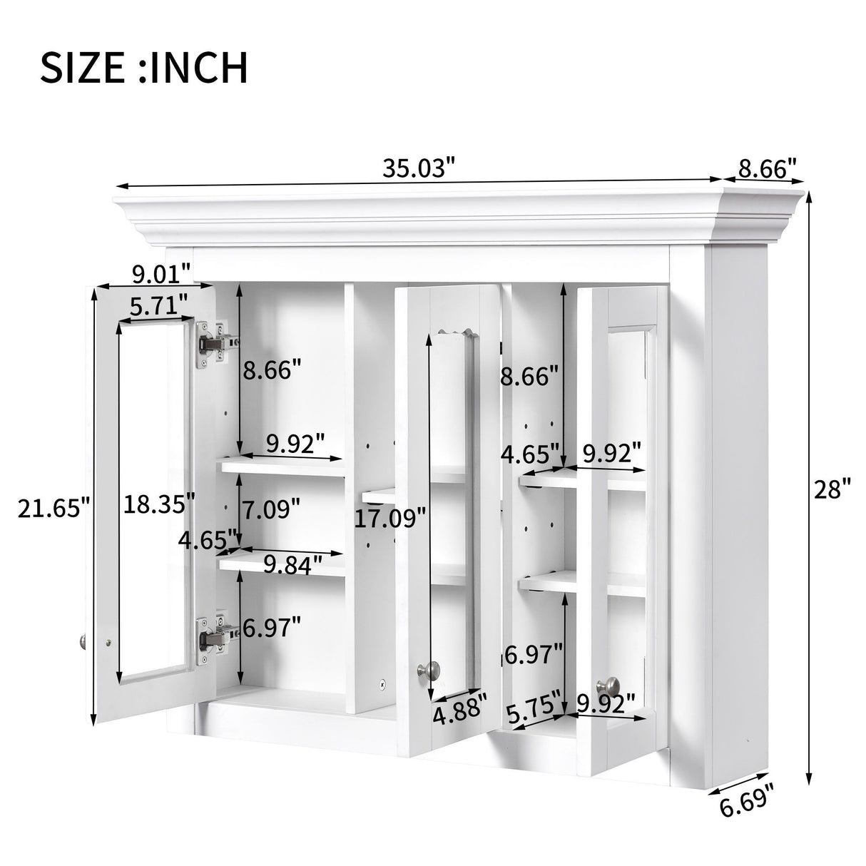 Bathroom Medicine Cabinet With Mirror, 5 Adjustable Closed Shelves, Wall-Mounted - White