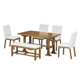 Topmax - 6 Piece Farmhouse Extendable Dining Table Set Trestle Kitchen Table Set With Removable Leaf And Upholstered Dining Chair And Bench For Dining Room