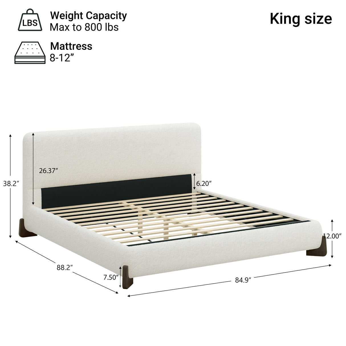Elegant Boucle Upholstered Bed With Solid Wood Legs