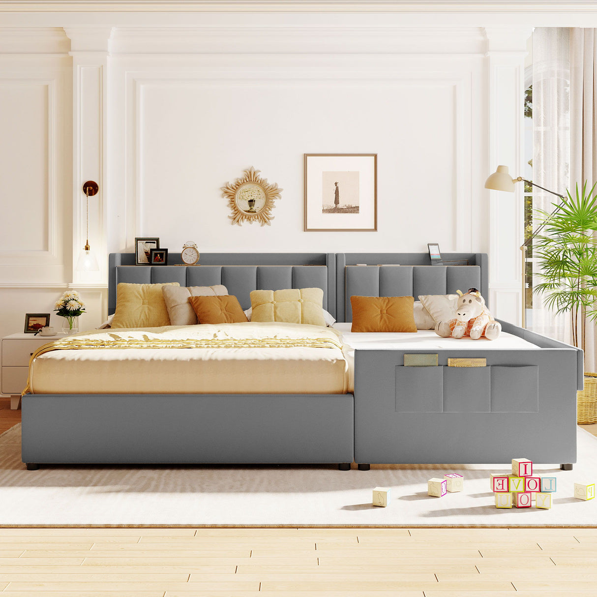 Upholstered Mother & Child Bed With Hydraulic Storage System, Drawer Box, Bedhead Storage Shelf And 2 Pairs Of Sockets & USB Ports