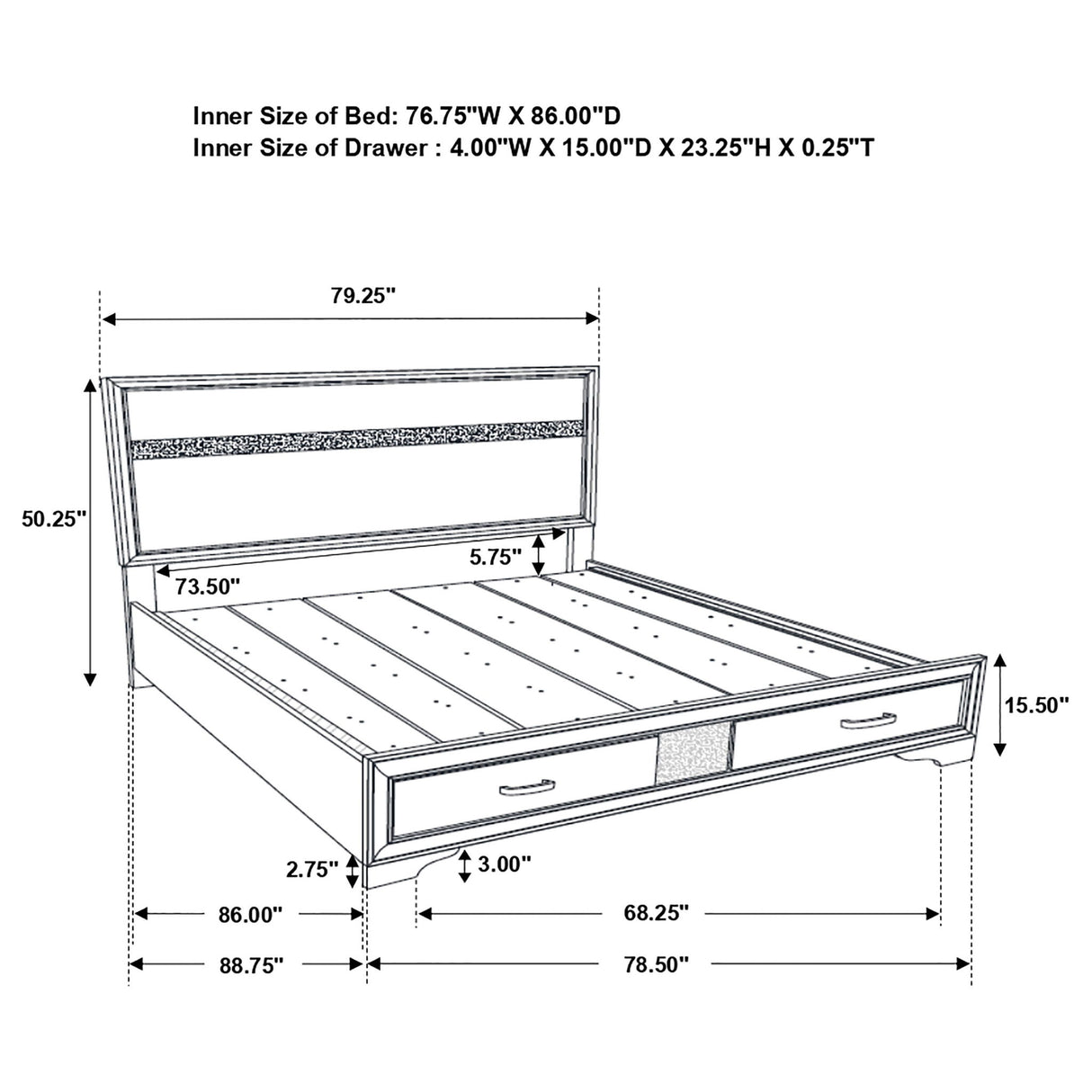 California King Storage Platform Bed With 2 Drawer - White