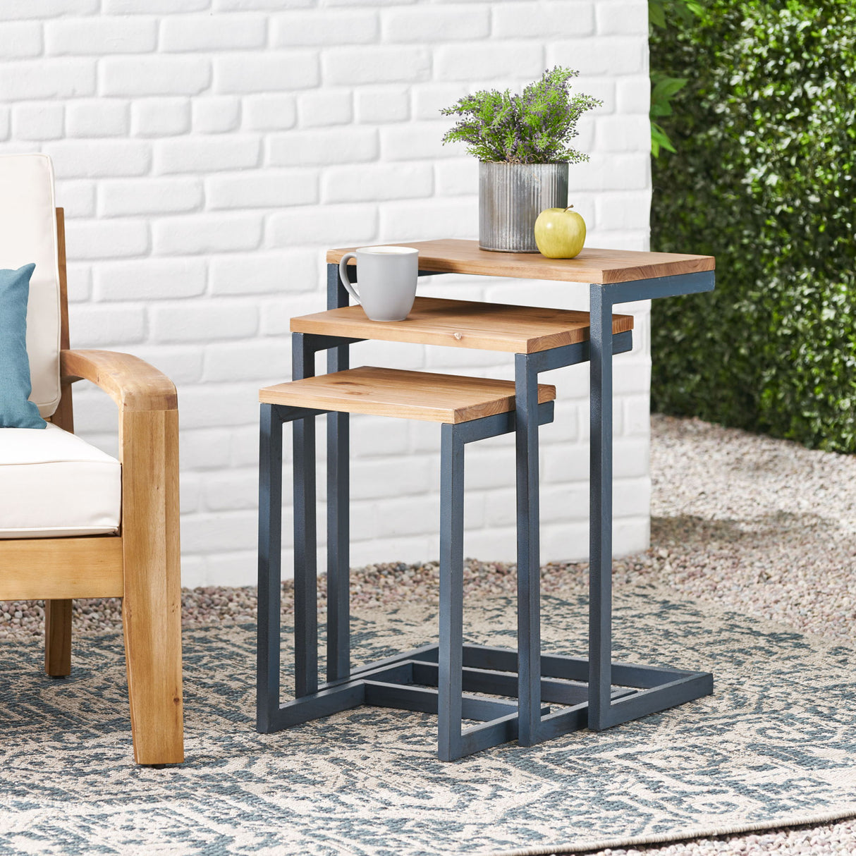 Kacha - Modern Industrial Firwood Nesting Tables (Set of 3) With Iron Frame - Antique Brown / Black