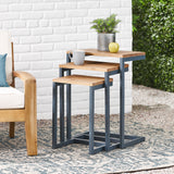 Kacha - Modern Industrial Firwood Nesting Tables (Set of 3) With Iron Frame - Antique Brown / Black