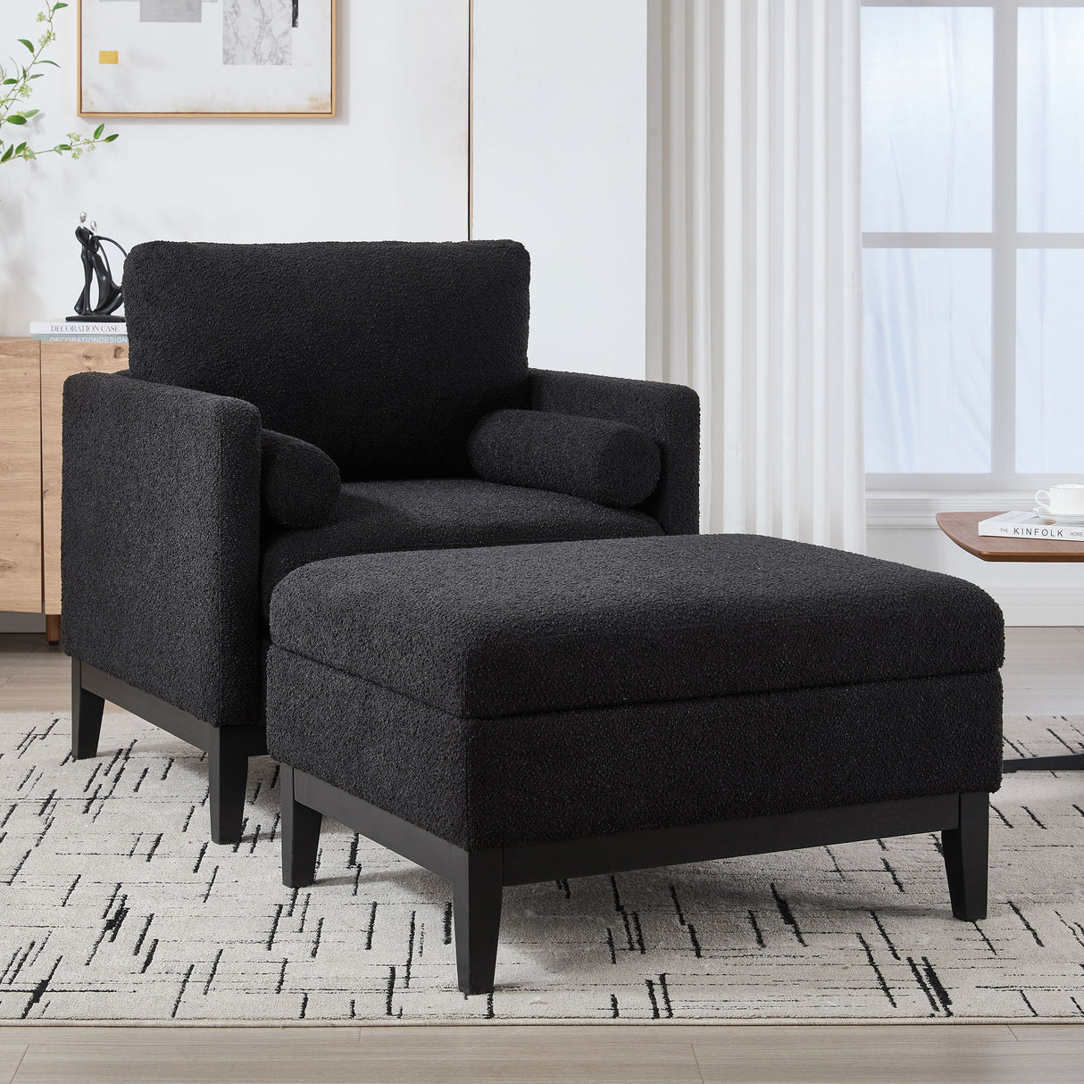 Farmhouse Upholstered Accent Chair With Ottoman, Reversible Lid Coffee Table