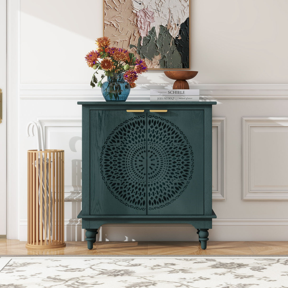 Hollow Carved 2 Door Accent Cabinet With Adjustable Shelf, Sideboard Buffet For Entryway, Living Room Or Bedroom - Blackish Green