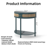 Boho Rattan Semi Circle End Table With Sliding Rattan Door, Storage And Bottom Shelf