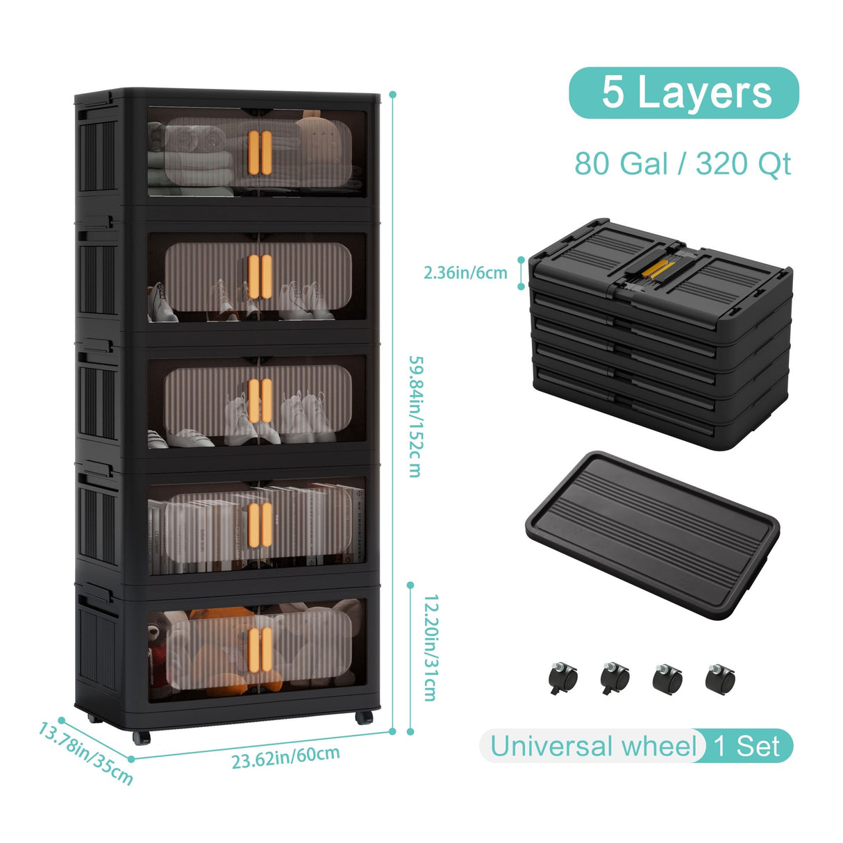Folding Storage Cabinet With Magnetic Doors And Wheels