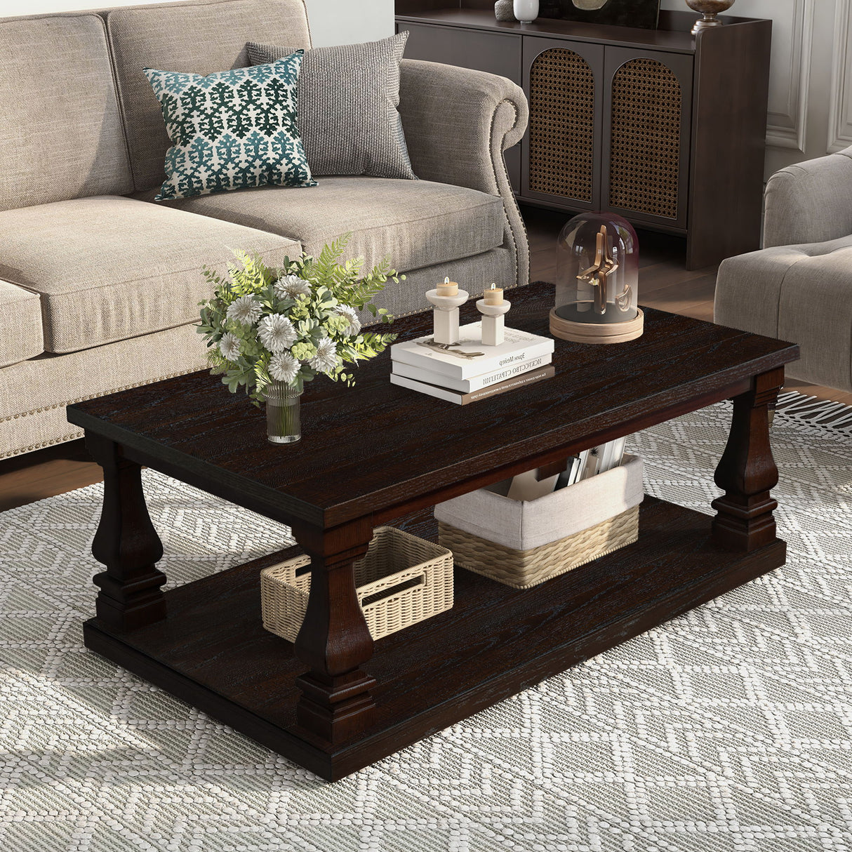 Rectangular Coffee Table With Open Storage Shelf For Living Room - Espresso