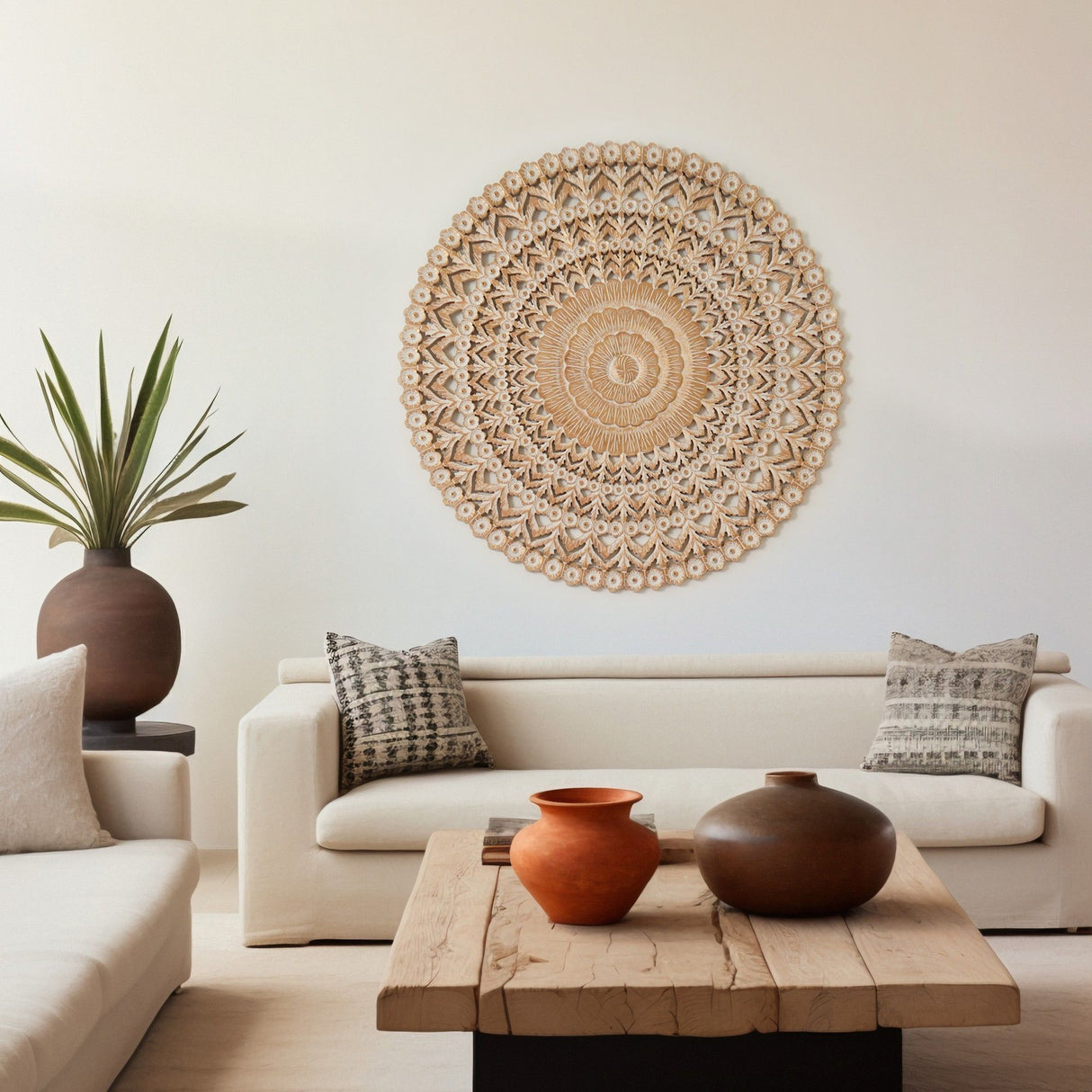 Floral Hand Carved Mandala Round Wall Decor - Brown / Antique White