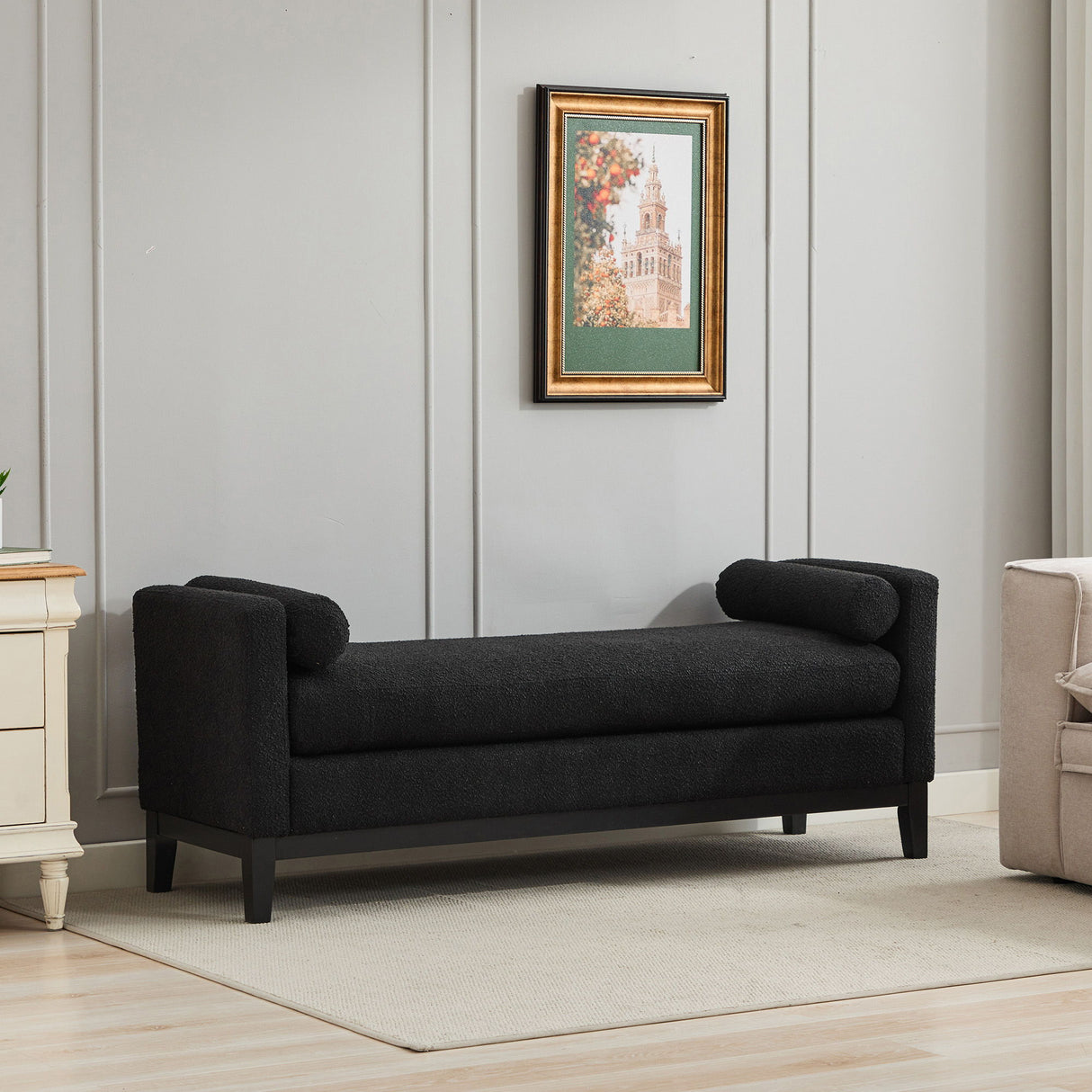 Elegant Upholstered Bench, Daybed, Ottoman With Wood Legs & 2 Bolster Pillows - Black Boucle