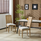 French Country Dining Chair With Rectangular Cane Backrest And Smooth Upholstered Seating