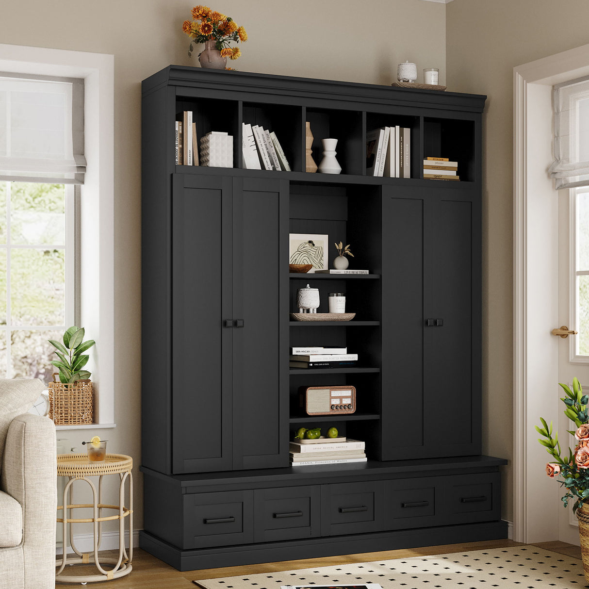 Hall Tree With Bench And 5 Storage Cubbies