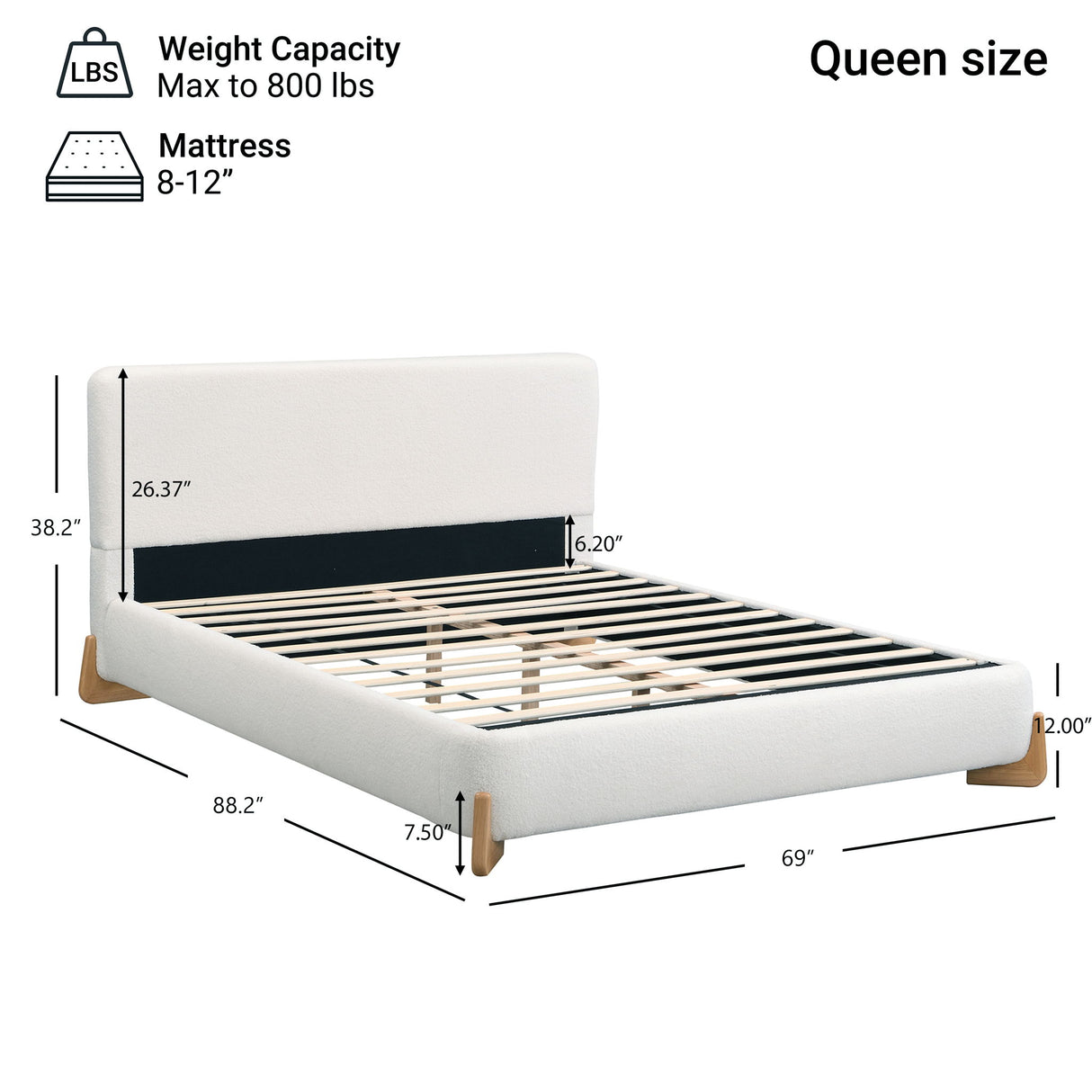 Elegant Boucle Upholstered Bed With Solid Wood Feet
