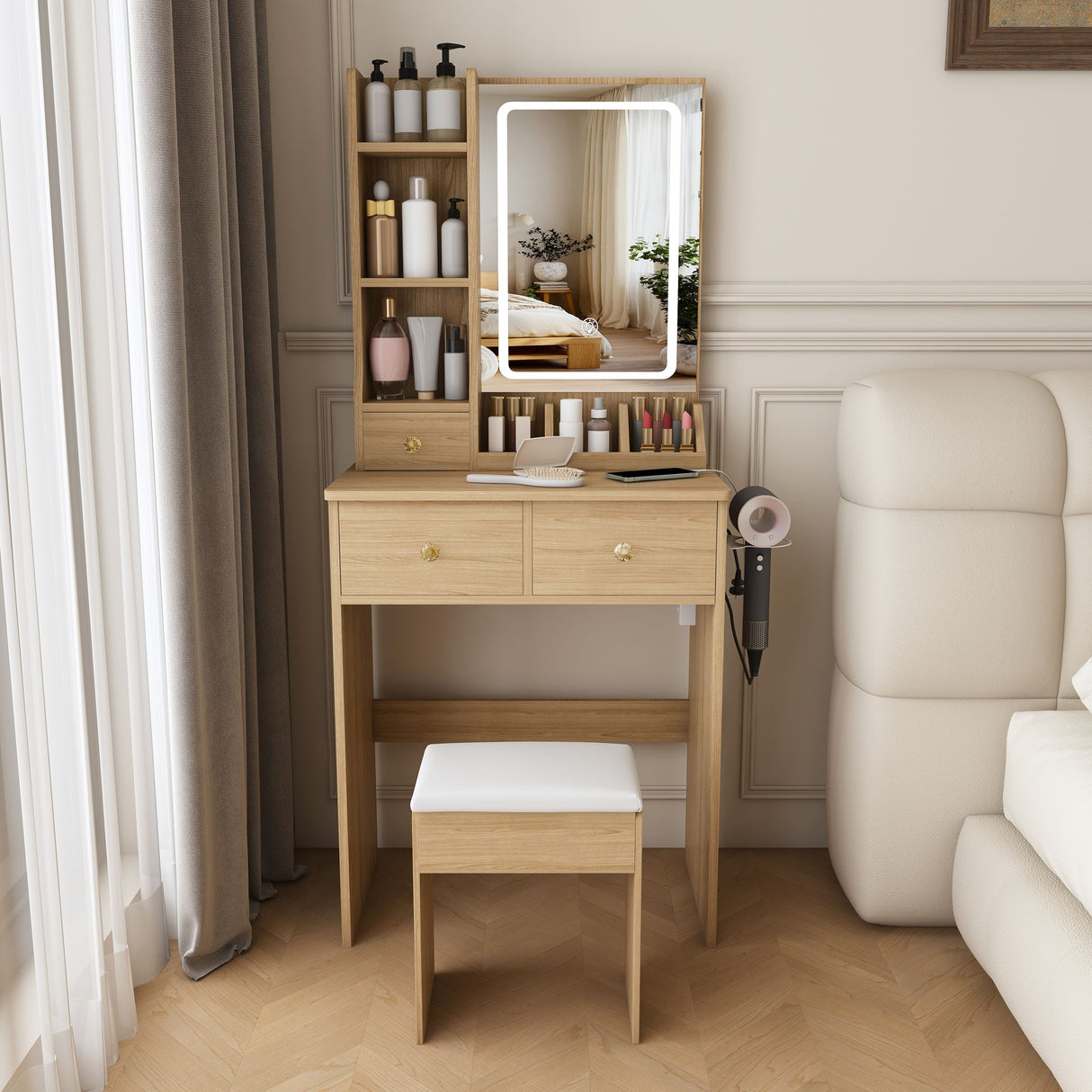 Small Vanity Desk With 3 LED Lighting Modes, 3 Drawers, Hair Dryer Holder, Power Socket, And Dressing Chair - Natural Walnut