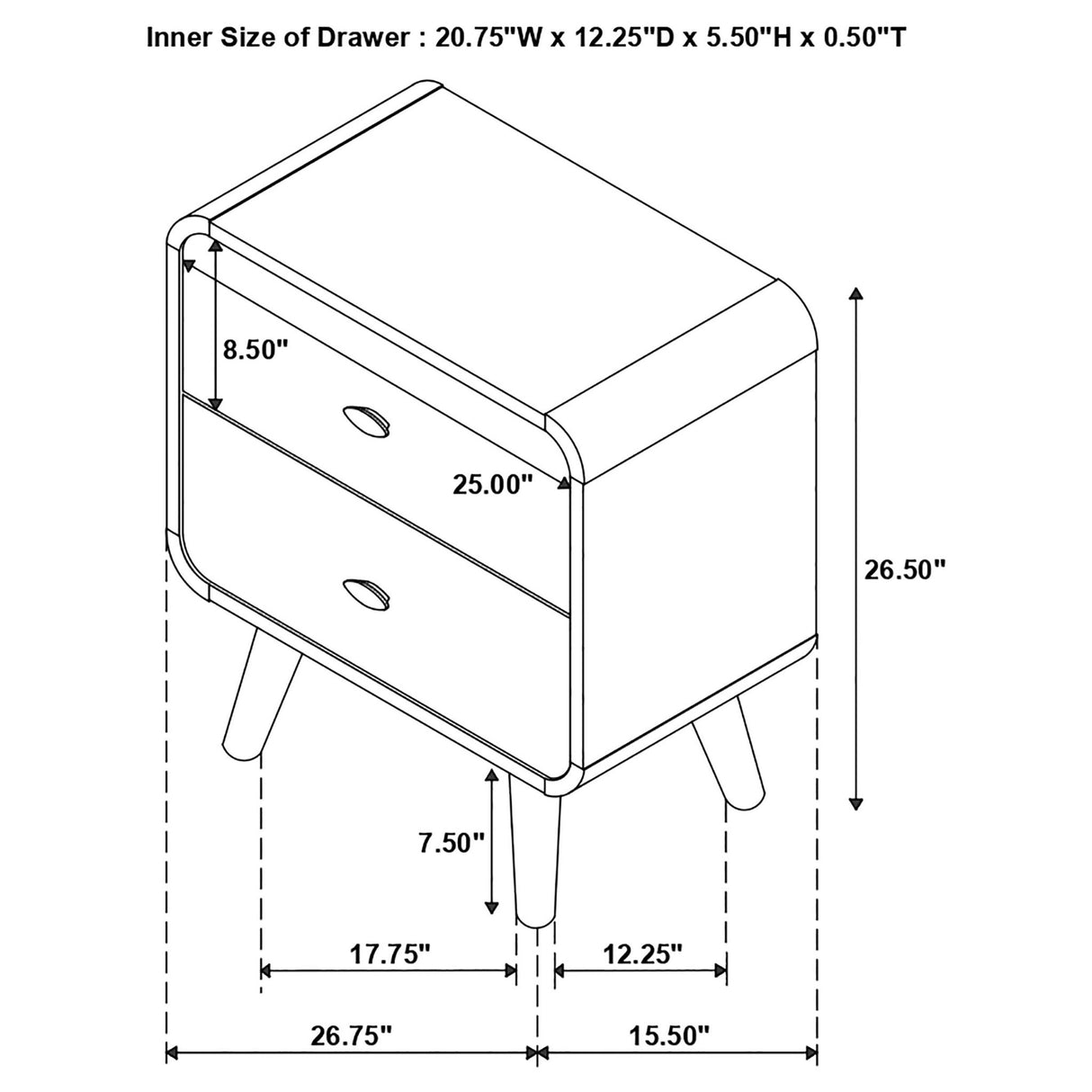 2 Drawer Nightstand - Walnut