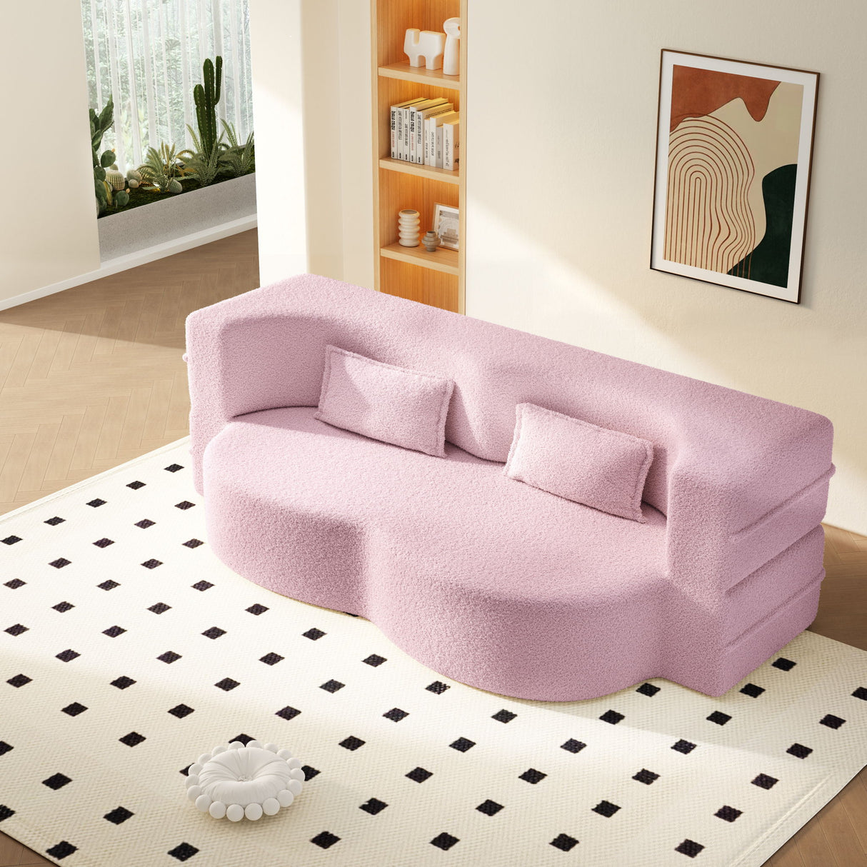 Modern Floor Sleeper Sofa Bed With 2 Pillows, Convertible Twin Size Folding Mattress For Living Room