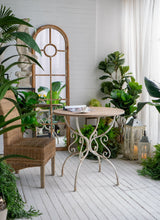 Round Wooden Table With Metal Scrollwork Legs - White Washed
