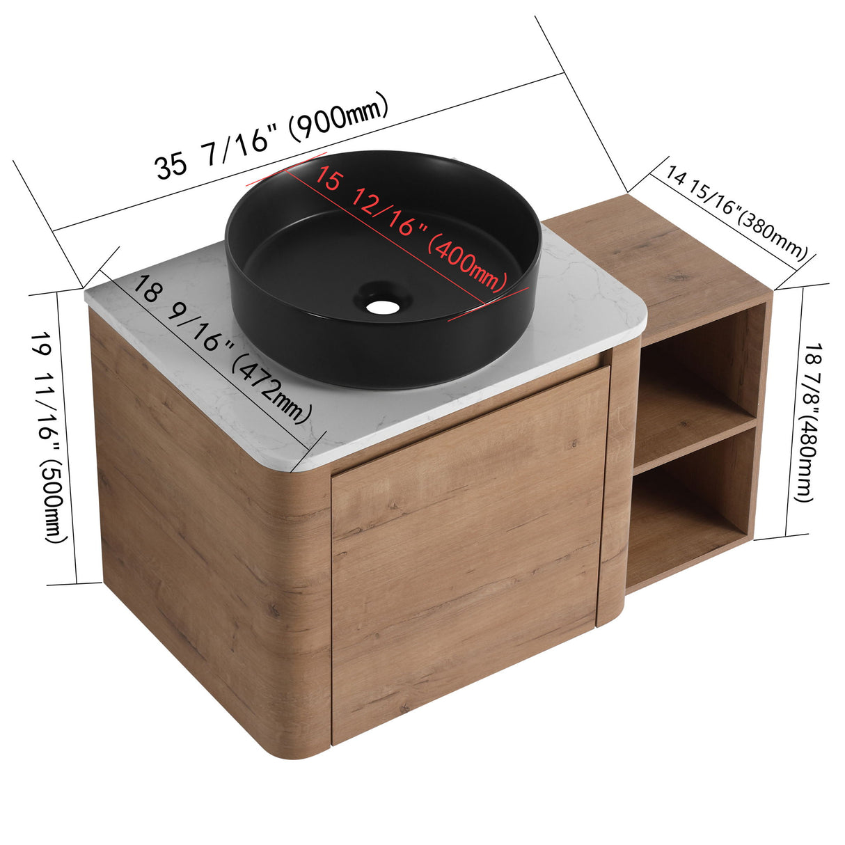 Wall Mounted Bathroom Vanity With Art Sink, 1 Storage Shelf, 2 Soft Close Doors