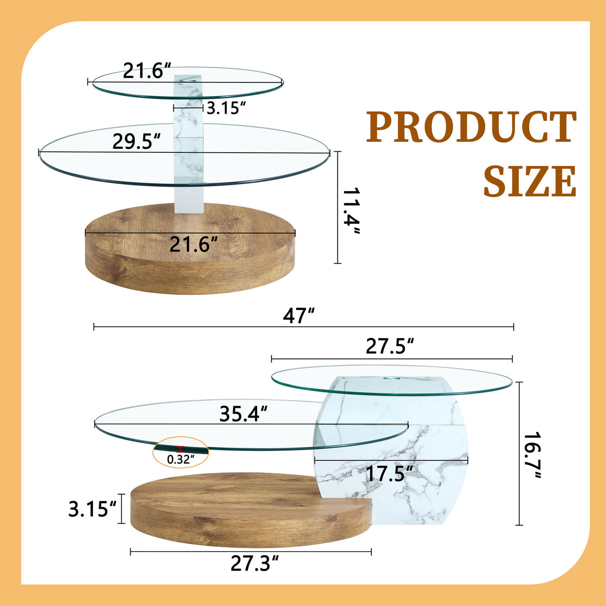 Contemporary Artistic Double Layer Coffee Table, Tempered Glass Top