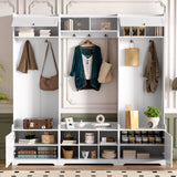 Wide Hall Tree With Shoe Storage, 4 In 1 Entryway Bench With 8 Cubbies, 7 Coat Hooks & Adjustable Shelf For Hallway - White