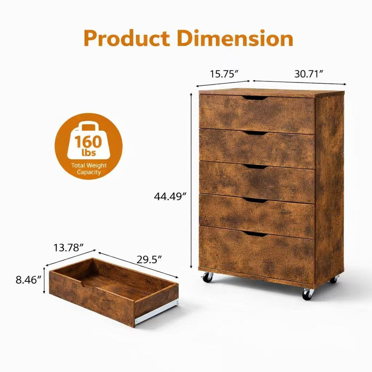 Modern 5 Drawer Dresser With Wheels