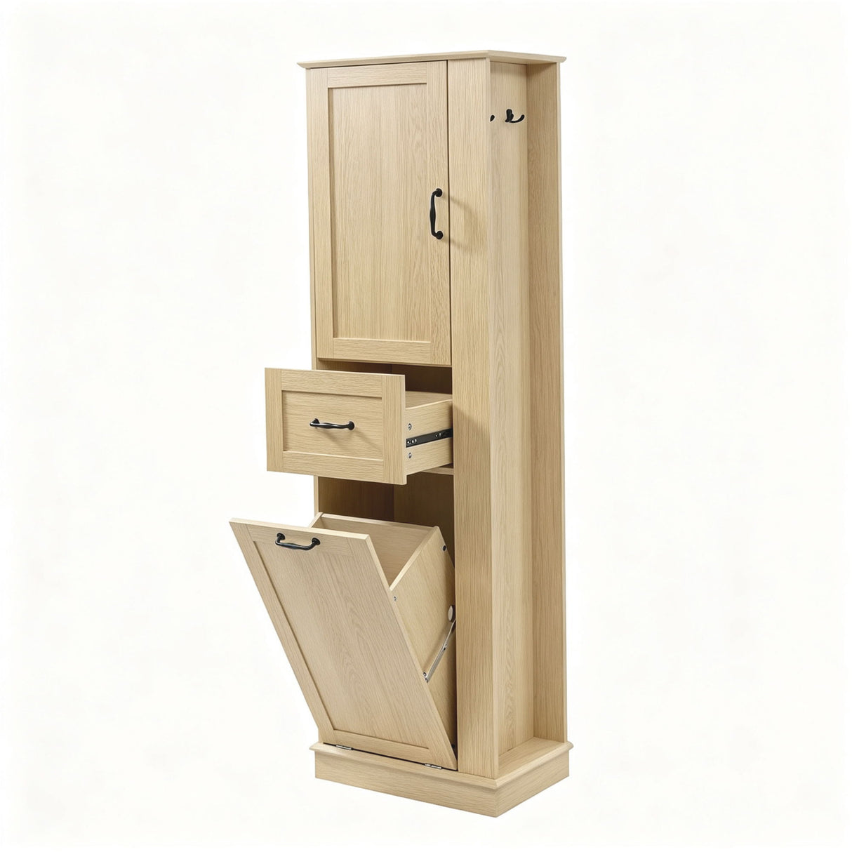 Tall Storage Cabinet With Tilt Out Compartment, Adjustable Shelves, Soft Close Hinges - Natural