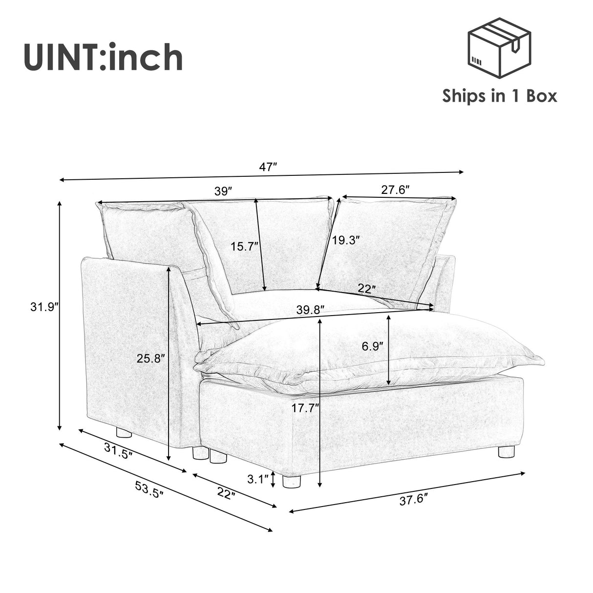 Modern Cozy Upholstered Armchair Sofa With Movable Ottoman