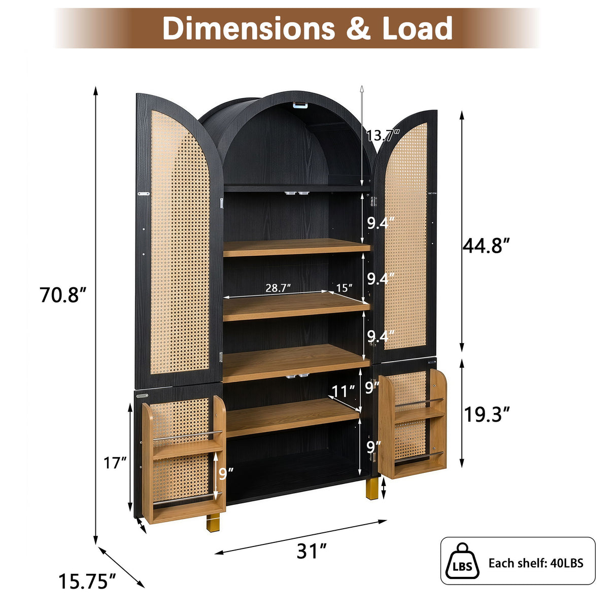 Tall Arched Cabinet With Rattan Doors & Adjustable Shelves