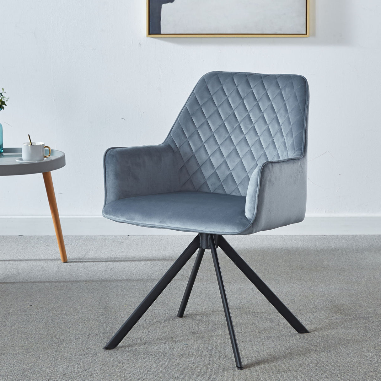 Modern Desk Chair No Wheel, Ergonomic Office Chair Home Office Upholstered Chair, Computer Chair For Bedroom, Reception Room, Living Room With Metal Legs - Blue