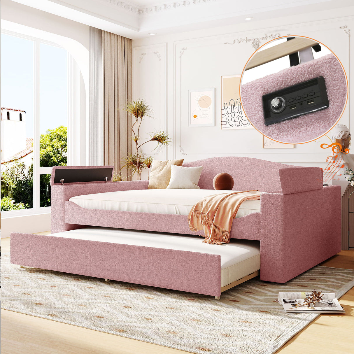 Upholstered Daybed With Storage Armrests, Trundle And Latest Integrated tooth Audio System