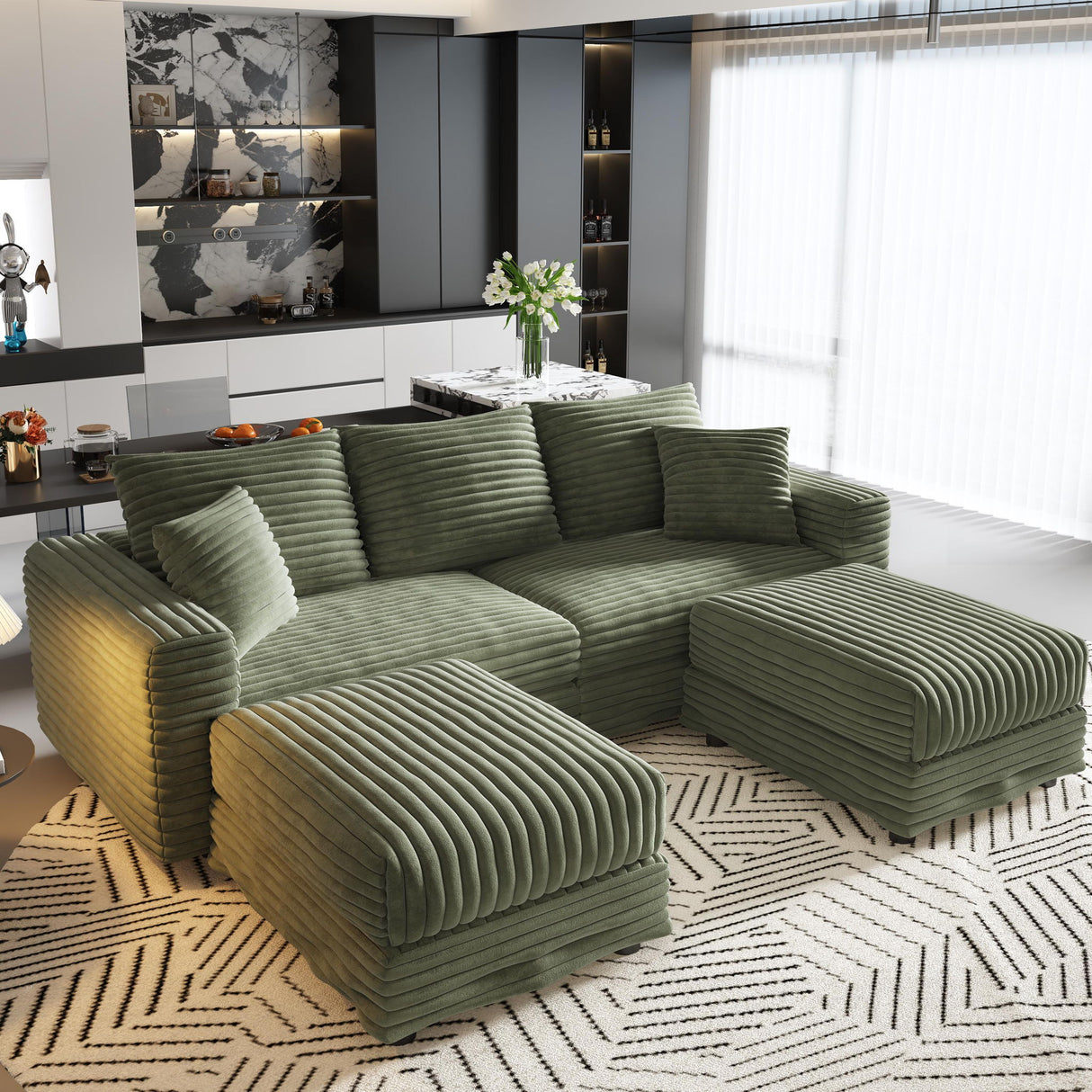 Convertible Deep Seat Sofa With Soft Pillows And Ottomans