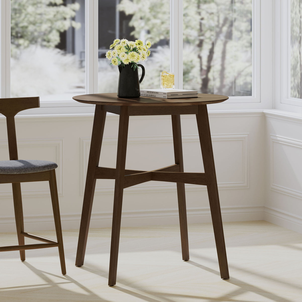 Round Counter Height Dining Table With Thick Rubberwood Legs And Support Beams - Walnut