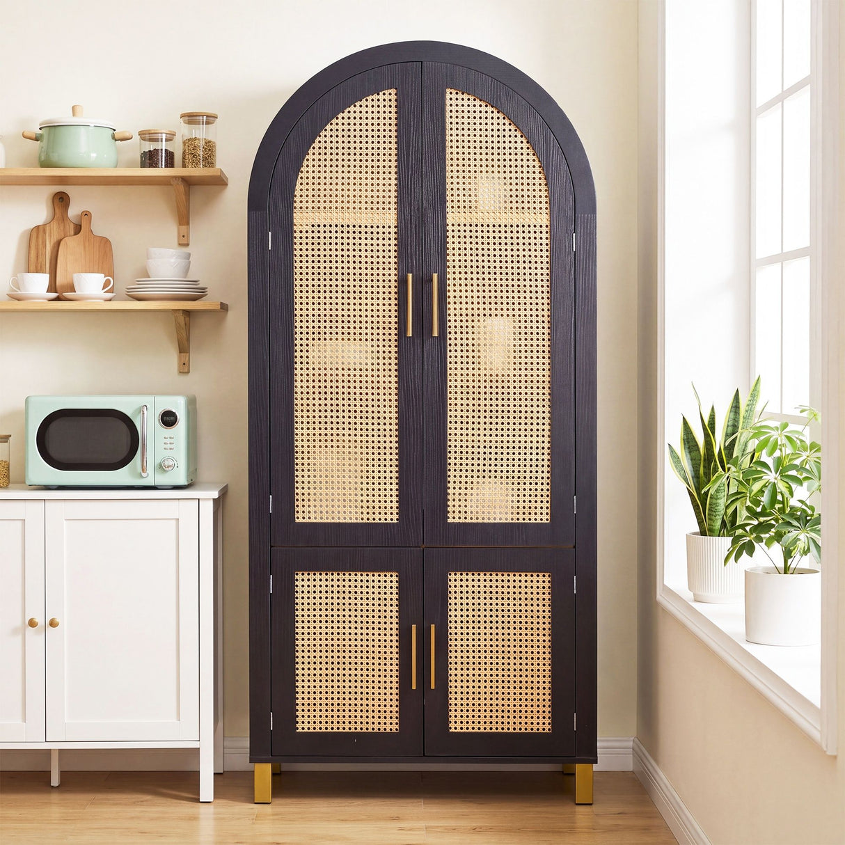 Tall Arched Cabinet With Rattan Doors & Adjustable Shelves