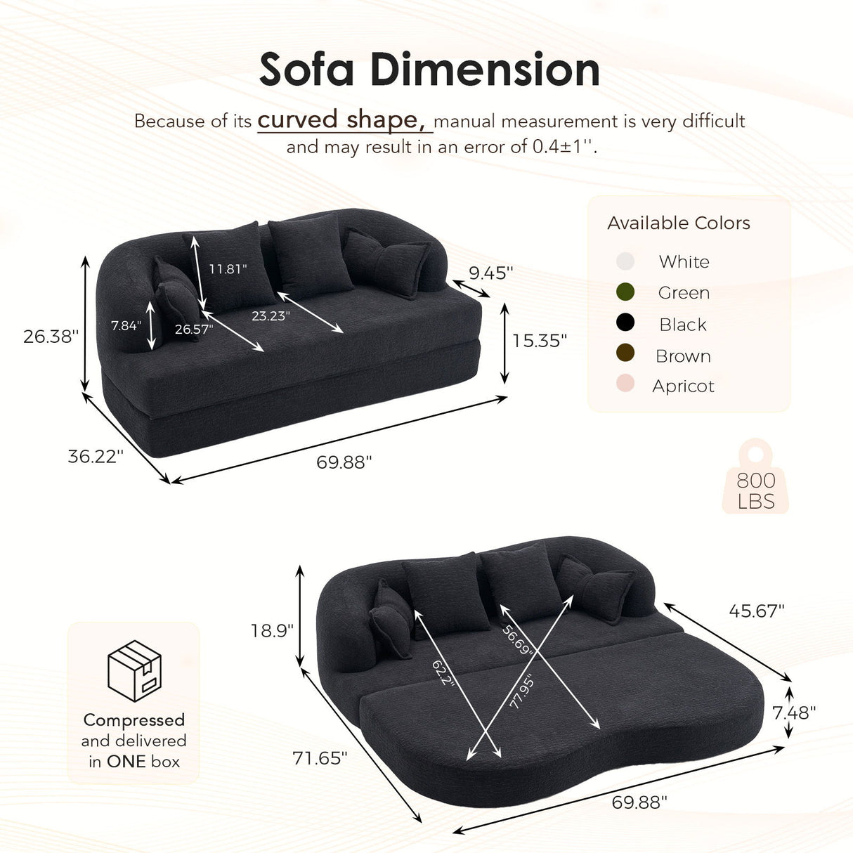 Foldable Sofa Bed, Boneless Couch Convertible Sleeper With 4 Pillows