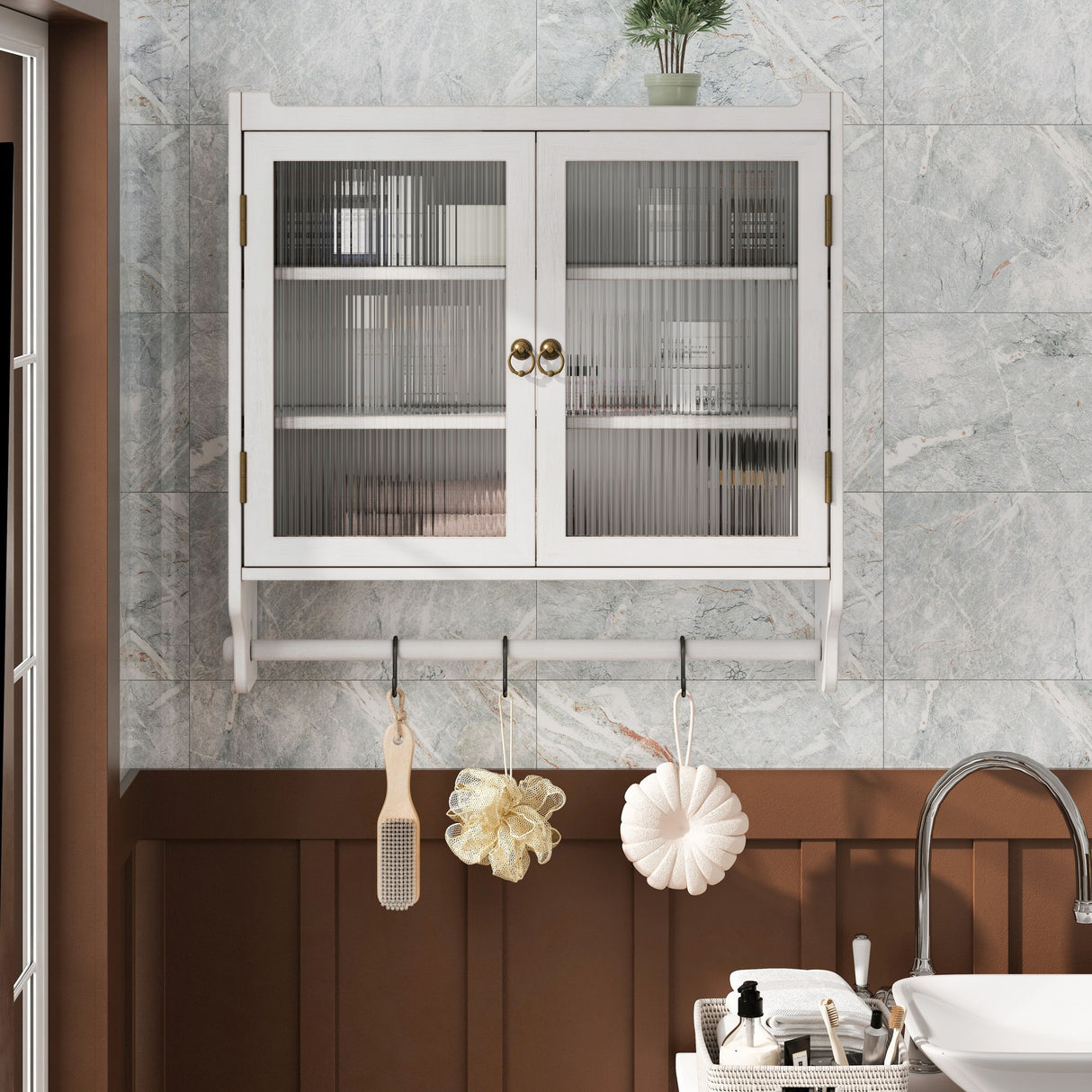 Vintage Double Door Wall Cabinet With Three Tiers Storage And Towel Rack - White Washed