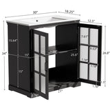 Modern Bathroom Vanity With Ceramic Sink, Tempered Blurred Glass Doors