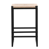 Boho Style Backless Bar Stools (Set of 2) With Paper Rope Woven Seat & Metal Frame For Kitchen Counter