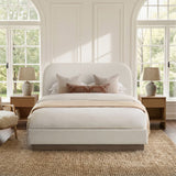 Linton - Queen Size Upholstered Platform Bed - Cream White / Light Grey / Camel Oak