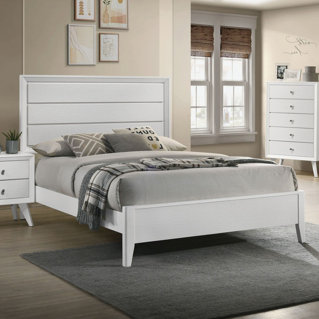 3 Piece Contemporary Bed Set With Wave Texture Panels And Angled Legs