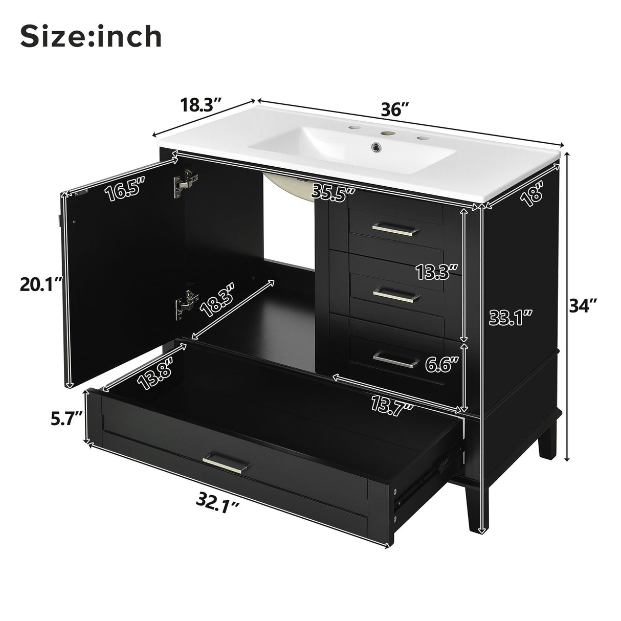 Bathroom Vanity, Modern Bathroom Cabinet With Sink Combo Set, Bathroom Storage Cabinet With A Soft Closing Door And 3 Drawers, Solid Wood Frame