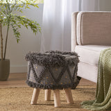 Roja - Handcrafted Wool & Cotton Foot Stool With Eucalyptus Wood Frame - Dark Brown