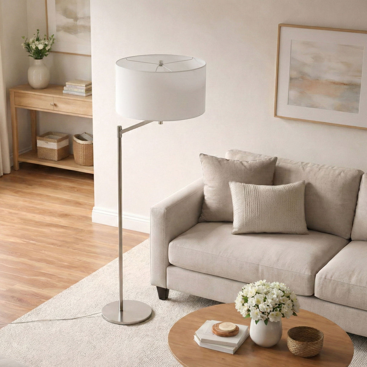 Horizon - Table Lamp With On / Off Switch Curved Base Linen Shade - Brushed Nickel / Silver / White