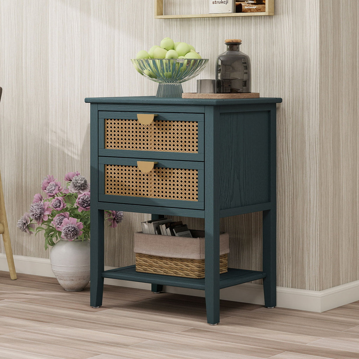 2 Drawer Side Table, Natural Rattan
