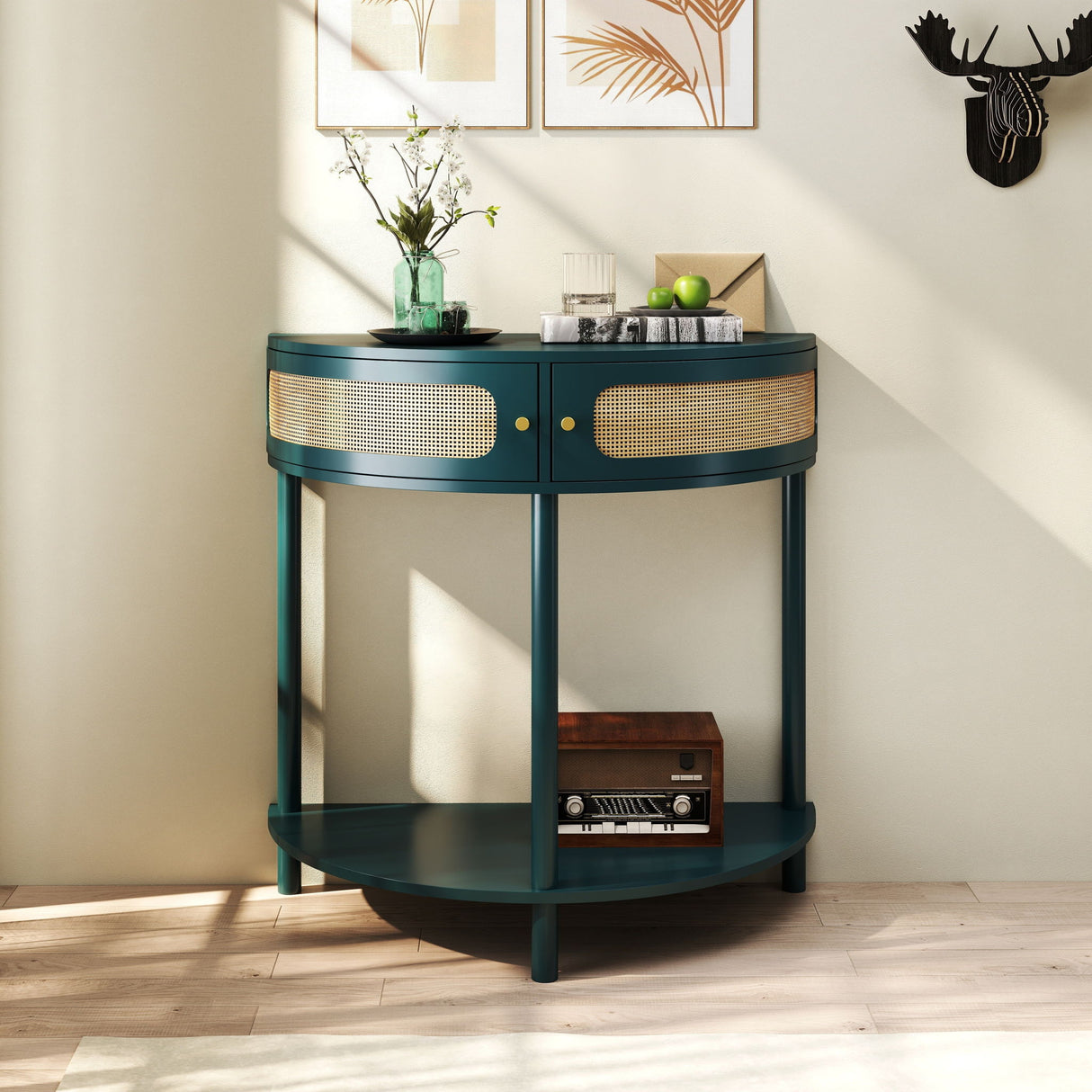 Boho Rattan Semi Circle End Table With Sliding Rattan Door, Storage And Bottom Shelf