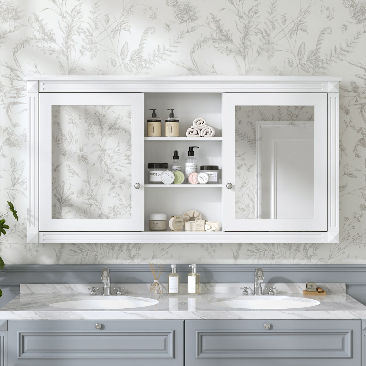 Modern Wall-Mount 2 In 1 Mirror Cabinet With Adjustable Shelves, Soft-Closing Hinges