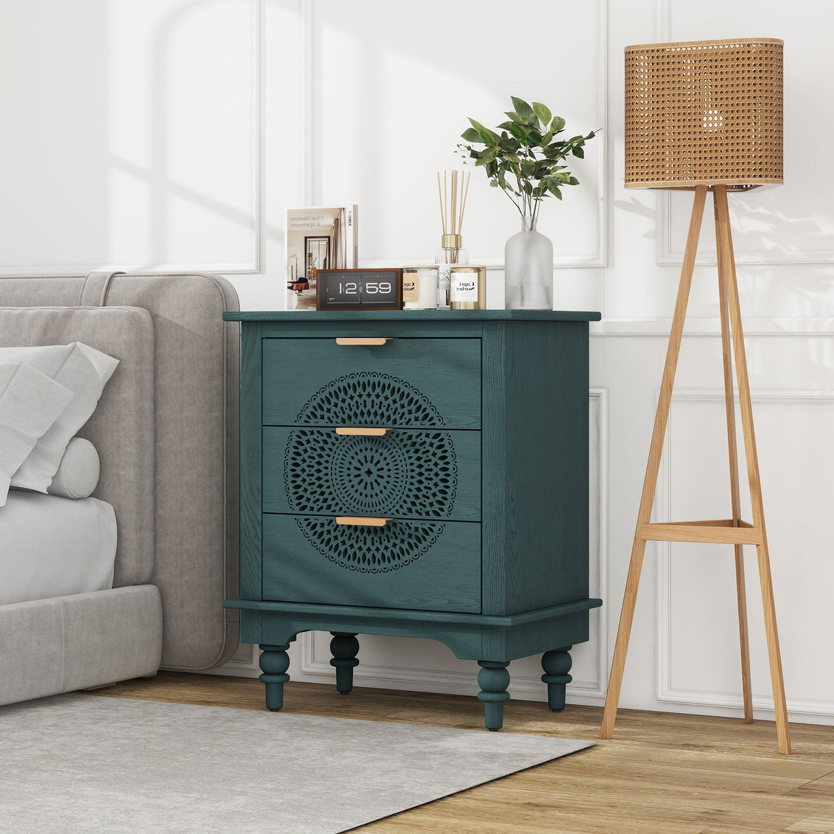 Hollow Carved 3 Drawer Dresser With Metal Handles, Storage Chest For Living Room Or Bedroom - Blackish Green